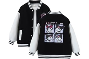 Satdflie Anime Ku-romi Varsity Jacket for Girls Cartoon Printed Letterman Bomber Jacket Lightweight Button Down Baseball Coat