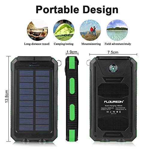 FLOUREON 10000mAh Power Bank with Solar Charging Portable Mobile Phone Charger Dual 2.1A USB Output Waterproof External Battery Replacement for iPhone iPad Samsung Galaxy Android