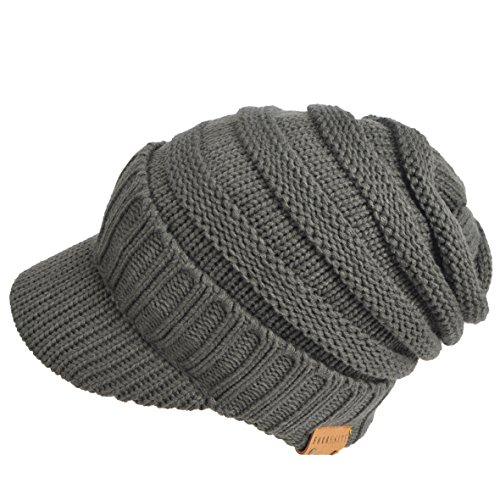Mens Womens Thick Fleece Lined Knit Newsboy Cap Slouch Beanie Hat with Visor (Thick-Grey)