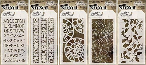 Tim Holtz Stencils Set - #11 to #15 - Schoolhouse, Measured, Clockwork, Shatter & Holly Bough - 5 Item Bundle