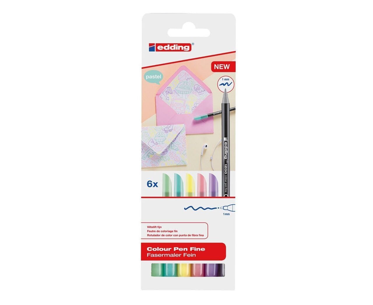 edding 1200 colour pen fine - set of 6 pastel colours - round nib 1 mm - felt-nib pen for drawing and writing - brush pens for drawing, writing, colouring, sketch pens, art pens