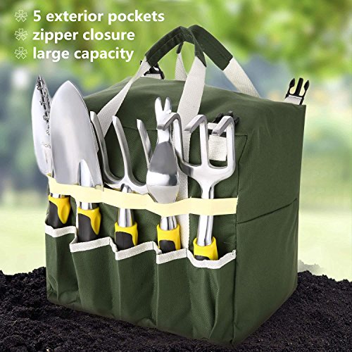evokem Garden Tools Kit, 10 Piece Vegetable Herb Gardening Tool Set, Foldable Stool with Backrest and Zippered Detachable Tote, 5 Gardening Hand Tools, Gloves, Sprayer, 50M Plant Ties (US STOCK)