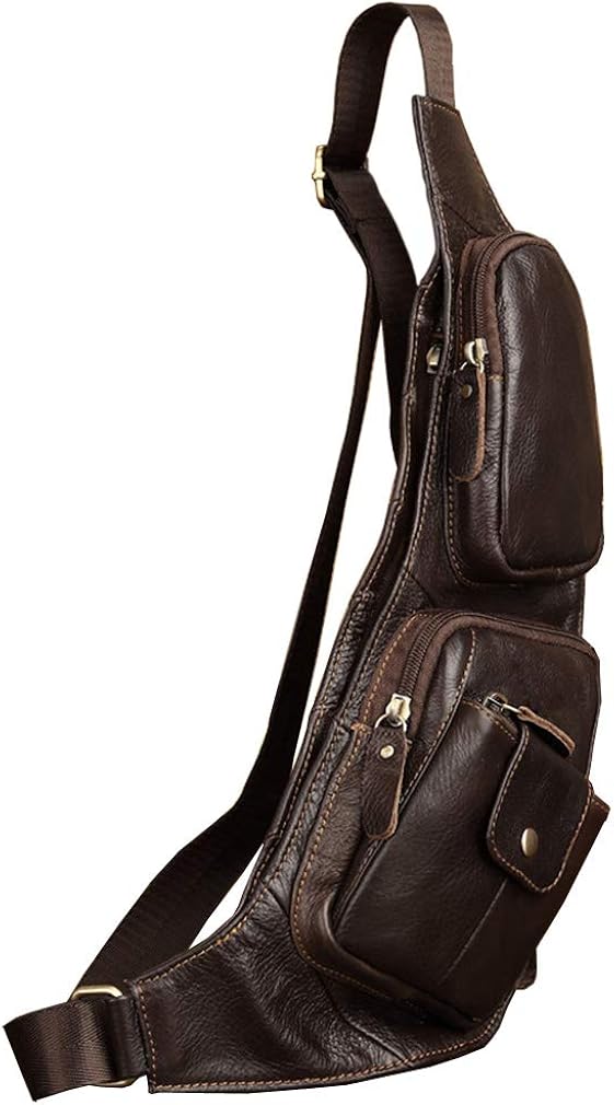 Xieben Vintage Leather Sling Chest Shoulder Bag Pack for Men Women Travel Outdoor Motorcycle Bike Shoulder Messenger Crossbody Pack Backpack Daypack Coffee - Image 3