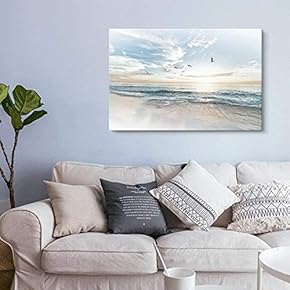 Canvas Wall Art - Watercolor Style Waves on The Beach with Sea Birds - Giclee Print Gallery Wrap Modern Home Art Ready to Hang - 12" x 18"