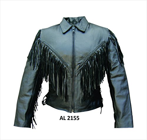 Ladies Cowhide Leather jacket with fringe, braid, side lace, and zipout liner