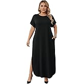 winkbay Women's Plus Size Short Sleeve Tshirt Dress Summer Crew Neck Slit Maxi Casual Dresses with Pockets
