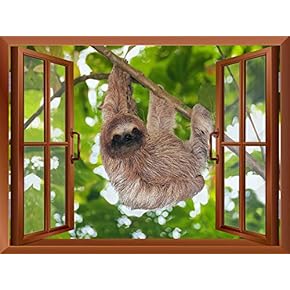 A Sloth Hanging on a Tree Branch Outside of an Open Window | Removable Wall Sticker/Wall Mural - 24"x32"