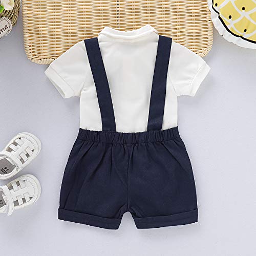 Baby Boys Gentleman Outfits Set Short Sleeve Romper with Tie and Overalls Bib Pants Wedding Tuxedo Outfits (Navy Blue, 0-6 Months)