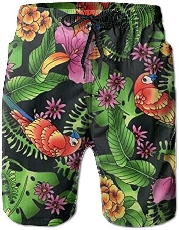 Parrots And Jungle Foliage Men's Bathing Suit Quick-dry Board Shorts Funky Swim Trunk With Pocket Large