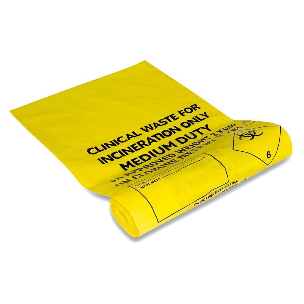 Reliance Medical | Clinical Waste Sack With Adhesive Strip To Identify And Highlight Hazardous Waste - Color Yellow - 66 cm x 42 cm Lenght x Width (Pack of 100)