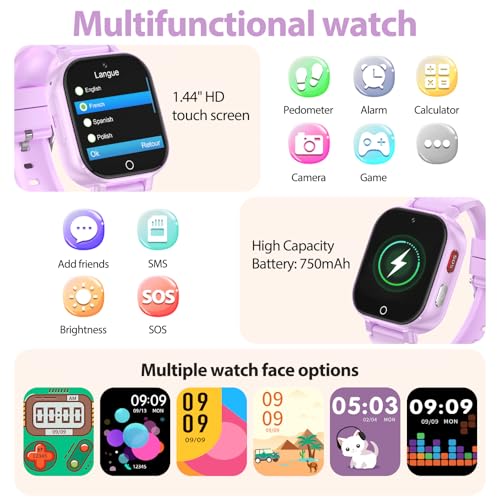 Alutoria Children's Smartwatch with 4G GPS Phone Video Call Voice Chat Pedometer SOS Alarm Clock for Girl and Boy 4-12 Years Gift Purple