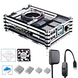 Smraza Case for Raspberry Pi 4 B, Case with Cooling Fan, 4PCS Heatsinks, 5V 3A USB-C Power Supply for Raspberry Pi 4 Model B (RPI 4 Board Not Included) - Black and Clear