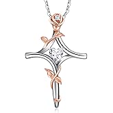 RIVIKO Rose Flower Cross Necklace for Women,925 Sterling Silver Birthstone Necklaces Heart Pendant,Cross Jewelry Anniversary Birthday Gifts for Women Wife Mom Lady