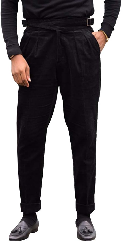 Bbalizko Mens Gurkha Pants Cotton Pleated Adjustable Waist Buckle Straight-Fit Trousers