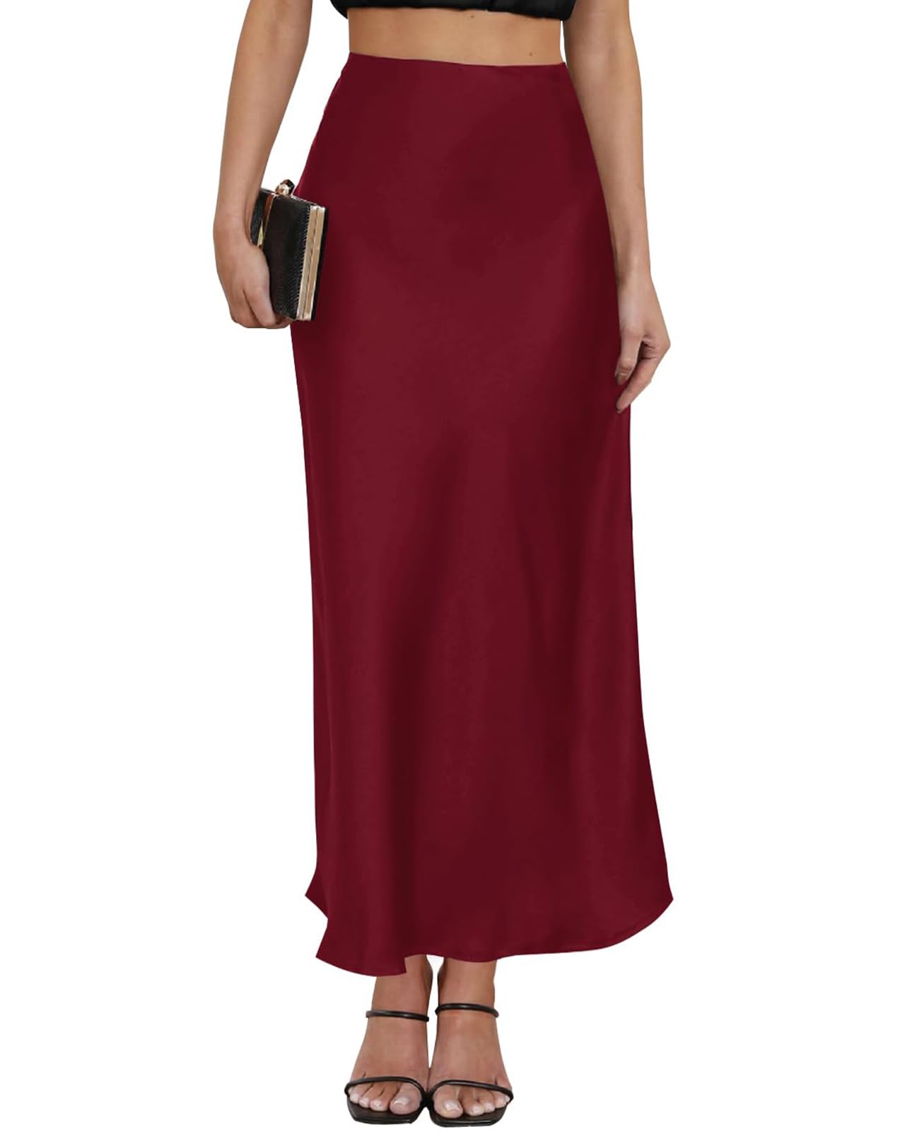 Photo 1 of Women's Leopard Print Satin Maxi Skirt High Waisted Elastic Waistband Silk A-Line Casual Party 2025 Summer Long Skirts (Wine Red, Medium)