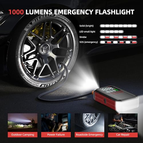 5000A Car Battery Jump Starter with Air Compressor 160PSI, Portable Battery Jumper Starter 7.0L Gas/6.0L Diesel, Jumper Box for Car Battery, Jumper Cables, Power Bank & Light