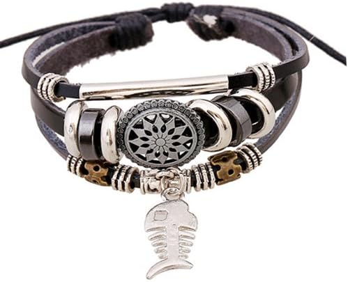 Bracelet Fashion Women Bracelets Wristband Genuine Leather Fish Skull Pendant Hollow Flower Bracelet Stainless Steel Beaded Jewelry