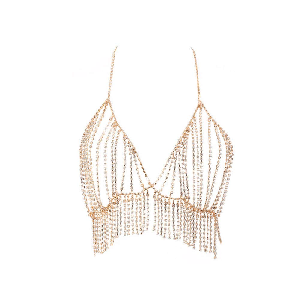 Rhinestone Chest Chain Crystal Body Diamond Bikini Jewelry Tassel Belly Dance Top for Beach Party Swimming Pool