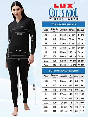 Lux Cottswool Women's V-Neck Thermal Top & Lower Set – Warm Innerwear for Winter, Soft & Comfortable Cotton Wool, Full Sleeve Top with Matching Bottom. Set of 1. (Black_85CM) 2