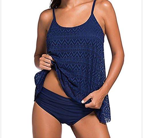 Bechic Women's Lace 2 Piece Swimsuit Hollow Mesh Tankini Top with Bikini Brief Swimwear(Blue)