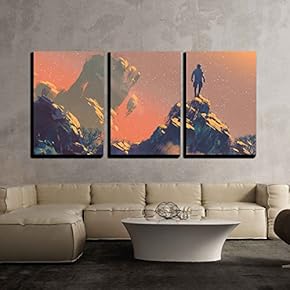 3 Piece Canvas Wall Art - Man Standing on Top of The Hill Watching The Stars,Illustration Painting - Modern Home Art Stretched and Framed Ready to Hang - 16"x24"x3 Panels