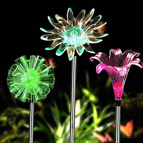 Solar Garden Lights - 3 Pack Solar Powered Garden Stake Lights with a Purple LED Light Stake, Multi-color Changing LED Solar Stake Lights for Garden,Patio,Backyard (Dandelion,Lily,Sunflower)