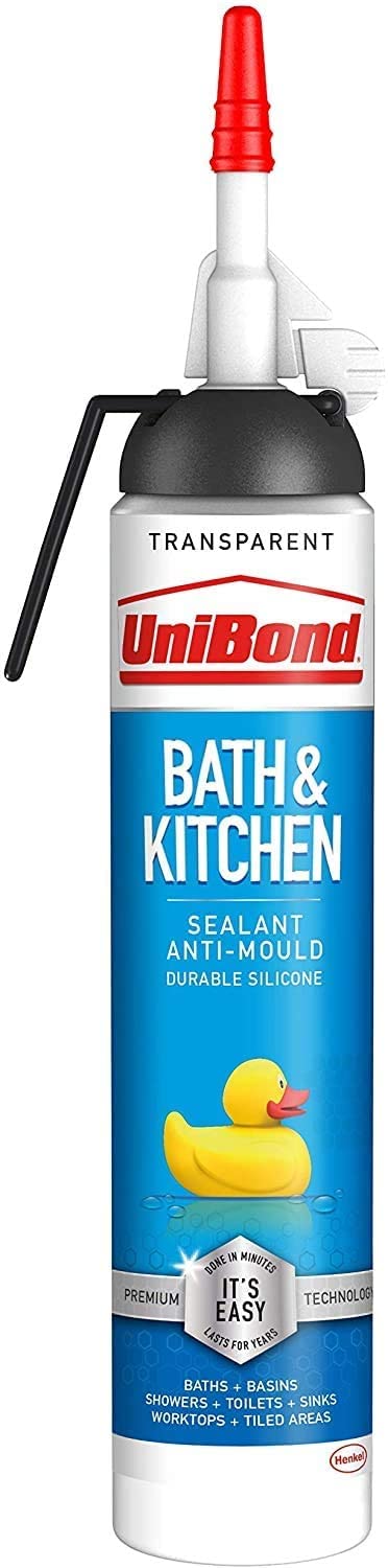 UniBond 2646327 Bath & Kitchen Sealant, Mould Resistant Silicone Sealant Ideal for Showers, Toilets, Tiles, Worktops & More, Durable & Waterproof, 1x208g Easy Pulse, Transparent/Clear