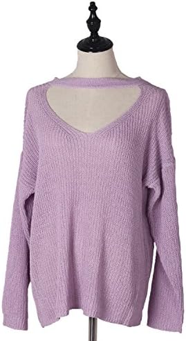 V-Neck Sexy Long Sleeve Choker Casual Loose Blouse Pullover Tops Knit Sweater Women Spring Clothing (M/L, violet)