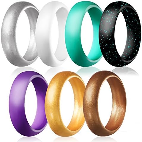 Silicone Wedding Ring for Women - OGIRLIN Rubber Engagement Ring Comfortable Flexible Thin Soft Durable Skin Safe Non-toxic Antibacterial Premium Medical Grade Silicone Wedding Band, 7 Pack