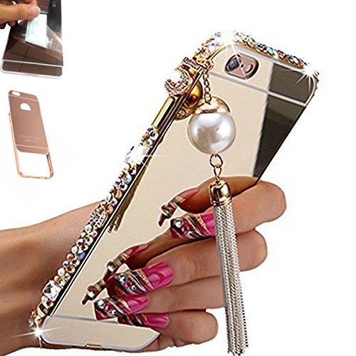 [2-IN-1][1-Pack]Samsung Galaxy S7 Edge, AMASELL Luxury bling 3D Sparkle Diamond Mirror case+Aluminum Metal Frame Bumper with Pearl Tassels Hard PC Back Cover Case, Gold with bling