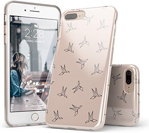 Casely iPhone 8 Plus Case Birds, iPhone 7 Plus Case Origami, Origani Beige Crane Bird Design Clear Bumper TPU Gel Slim Soft Flexible Rubber Silicone Cover iPhone Case for Women Teens