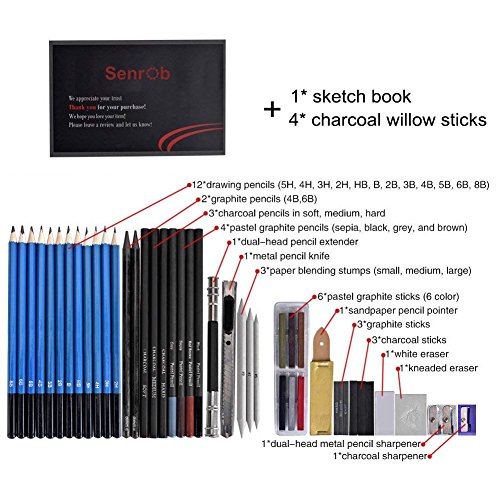 Senrob 48 Pcs Sketch& Drawing Pencil Set with Graphite& Charcoal Pencils, Erasers, Craft Knife, Sketch Book, Zippered Carry Case, Professional Art Kit for Artist, Beginner, Student, Kids & Adults