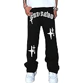 ZAFUL Mens Baggy Wide Leg Sweatpants Casual Straight Drawstring Open Bottom Loose Fit Workout Jogger Track Pants with Pockets(3-Black, L)