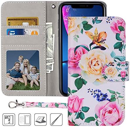 Urbeutyke iPhone XR Wallet Case, iPhone XR Case,Premium PU Leather Flip Folio Case Cover with Wrist Strap, card holder,Cash Pocket,Kickstand for Apple iPhone XR 6.1 inch - Flower