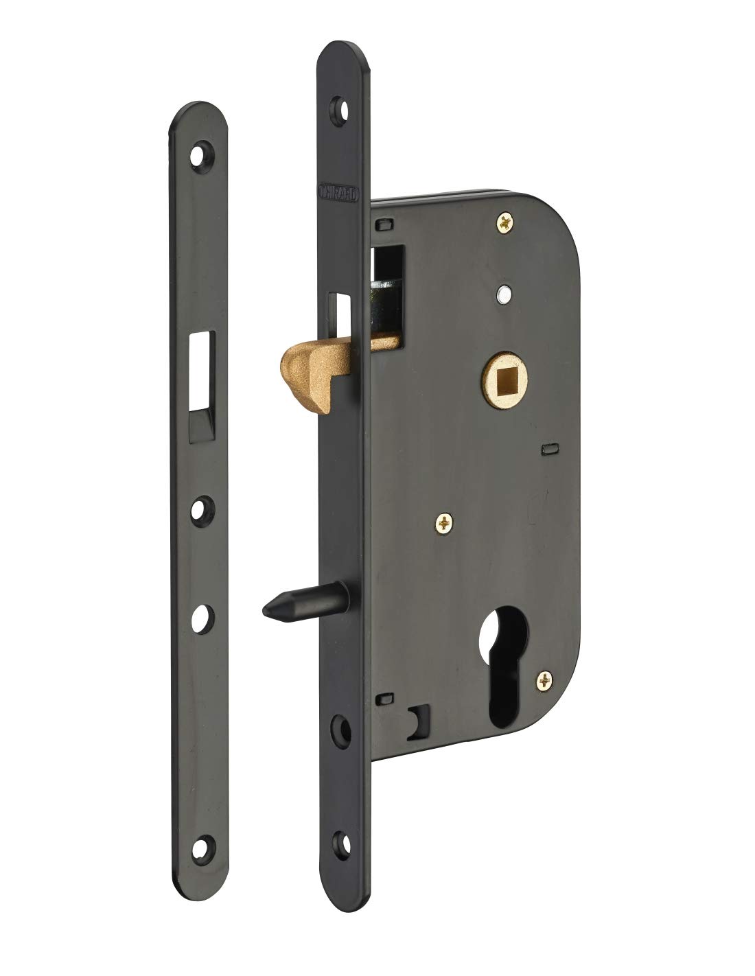 THIRARD - Recessed Lock Case with Cylinder Hook for Sliding Door - 50mm Axle - Round Ends - Stamped Steel Chest - Brass Hook Bolt - Steel Plate Headrest and Strike - Grey