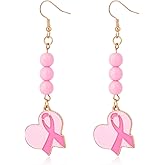 QLYOVWE Breast Cancer Awareness Earrings for Women Glitter Pink Ribbon Drop Dangle Earrings Statement Breast Cancer Survivor Support Jewelry Gifts