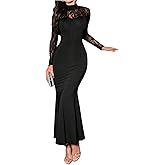 GORGLITTER Women's Lace Fishtail Bodycon Maxi Dress Elegant Classy Fall Long Sleeve Mock Neck Cocktail Patchwork Dress