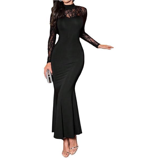 Amazon.com: GORGLITTER Women's Mesh Bodycon Fishtail Maxi Dress Long Sleeve  Mock Neck Cocktail Prom Long Dresses Elegant Classy Black Small : Clothing,  Shoes & Jewelry