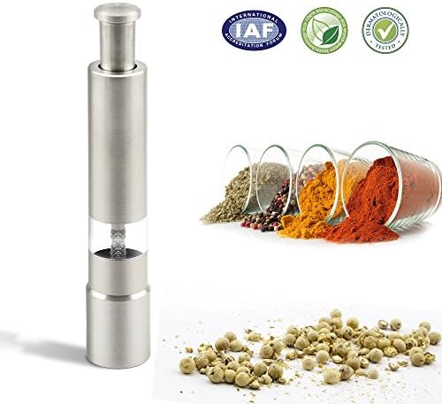Sandure Stainless Steel Grind Salt and Pepper Mills Gourmet's Original Grinders, Manual Thumb Push Seasoning Grinder Pump