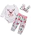 MEKILYN 3PCs Baby Pink Reindeer Print Long Sleeves Romper Headband Pant Outfit Set