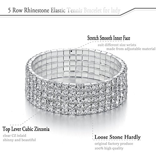 JEWMAY Yumei Jewelry 5 Strand Rhinestone Stretch Bracelet Silver-Tone Sparkling Bridal Tennis Bangle