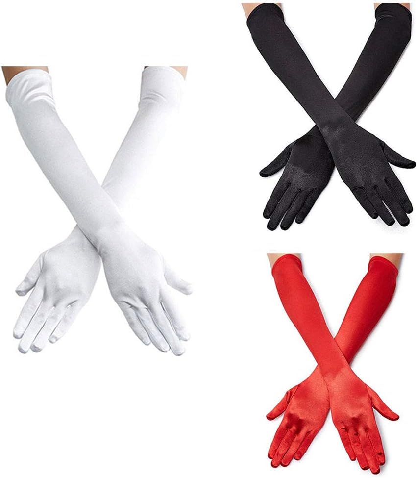 Women's 22'' Long Satin Finger Gloves White Elbow Length 1920s Opera Bridal Dance Gloves For Evening Party Opera Costume, White: Home & Kitchen