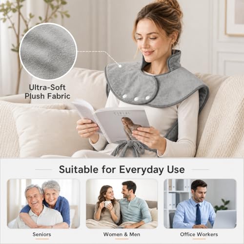 CoreBazz Electric Heating Pad for Neck and Shoulder and Back with 6 Heating Settings & 4 Timer, Large Size Heated Wrap with Auto Shut Off & Machine Washable (Silver Gray, 37x24 inch(94 * 61 CM))