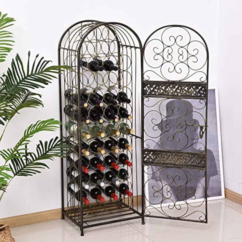 45 Bottle Wrought Iron Wine Rack Jail Lock Antique Bronze Kitchen