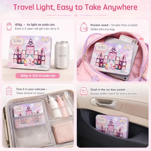 YOGOHEE Magnetic Travel Bricks for Girls: 42 Pieces Princess and Unicorn Tiles in Portable Metal Box as Mobile Building Platform for Car, Plane, Train, Toy