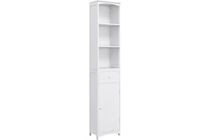 HOMCOM Bathroom Storage Cabinet, Tall Linen Tower with 3-Tier Shelves and Drawer and Door, White