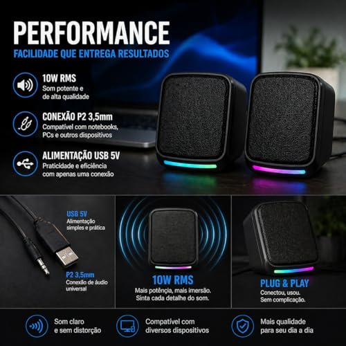 Caixa de Som PC Gamer 10W RMS Estéreo Som Potente com Iluminação LED RGB - para Smartphone, Notebook e Computador - Conexão USB/P2 com Controle de Volume Plug and Play