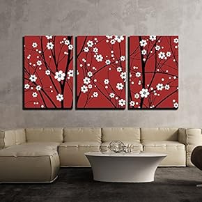 3 Piece Canvas Wall Art - Vector - Cherry Tree Seamless Pattern - Modern Home Art Stretched and Framed Ready to Hang - 16"x24"x3 Panels