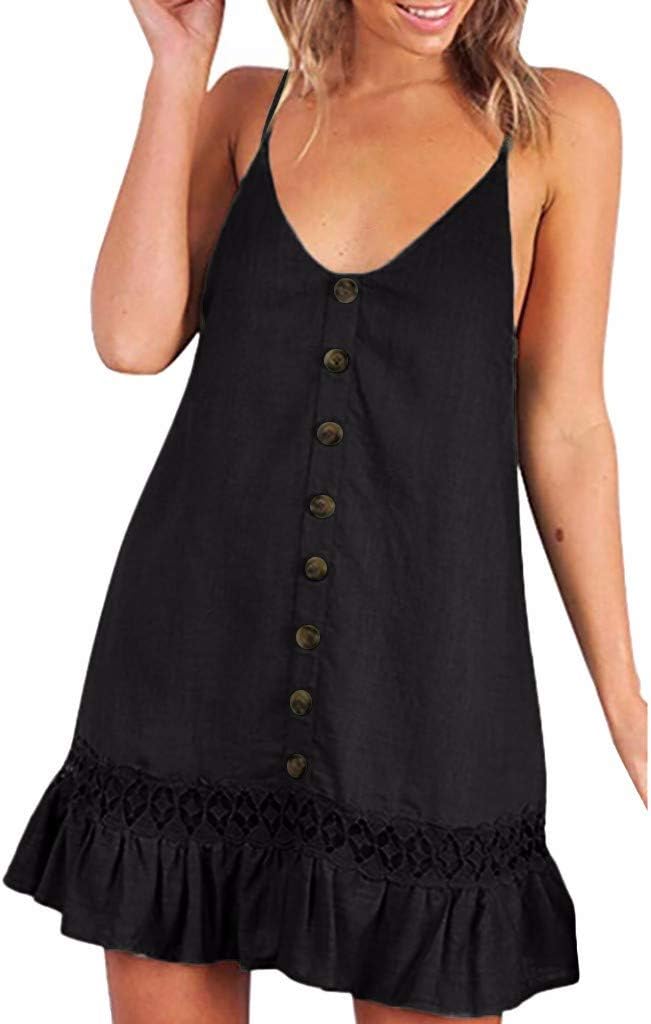 Aiserkly Women V-Neck Buttons Solid Off Shoulder Sleeveless Beach Mini Dress Princess Dress 2019