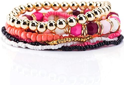 Trendy Jewels Boutique Stacked Seven Layer Gold Pink Red Beads Bracelet